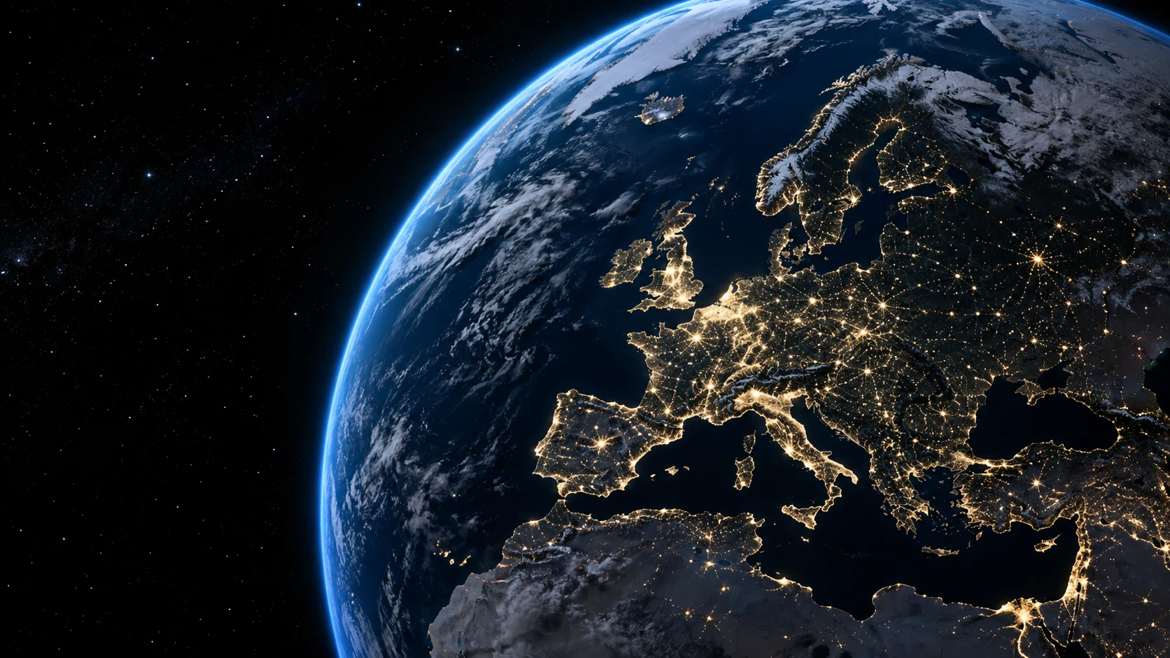 Europe illuminated at night, seen from orbit